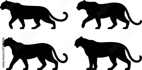 Panther silhouettes set minimal black vector illustration for wildlife big cat predator poses and animal design concept use