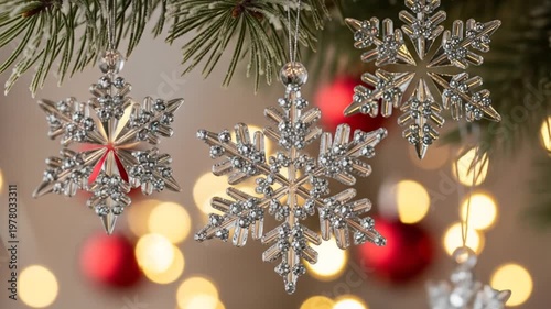 Sparkling Snowflake Ornaments Hanging on Pine Branches with Bokeh Lights