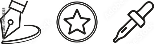 Vector writing icons, black line art, star rating symbol, ink pen nibs, graphic design elements