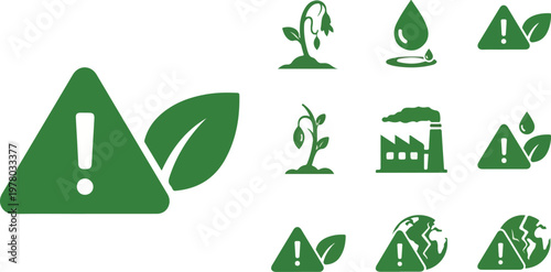 Green warning icons for environmental distress. Unseen global threats, like an amoeba under microscope, demand urgent action for our planet's future