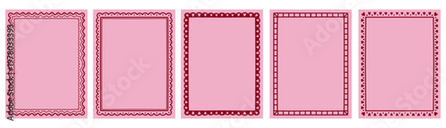 Set of pink decorative hand drawn doodle frames and borders. Retro whimsical car frames set with scalloped border for for greeting cards, menu, gift tags, and seasonal stationery