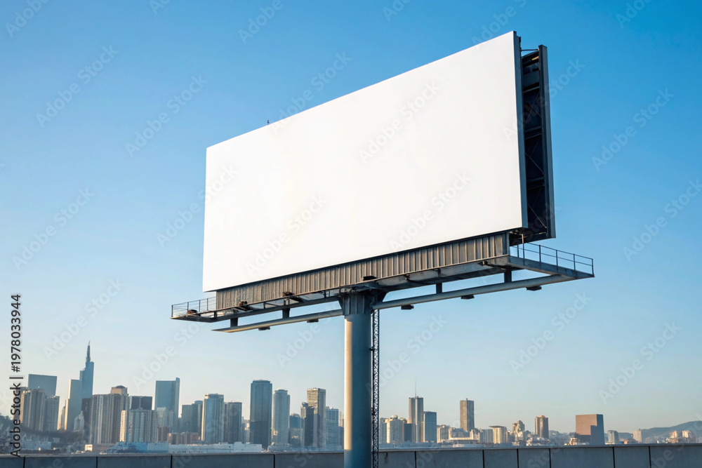 Fototapeta premium Outdoor billboard before blue sky. Side view Ai genetative