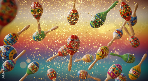 Colorful maracas floating in mid-air against a vibrant rainbow background, with glittering particles, cinco de mayo, mexico 5 may, festival holiday template, poster banner download, 2026 2027