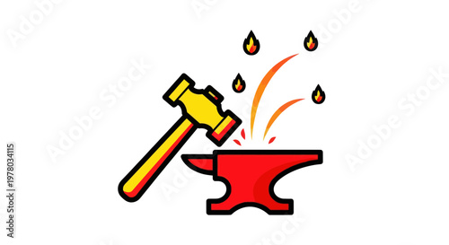 Blacksmith Hammer Striking Anvil with Sparks and Flames