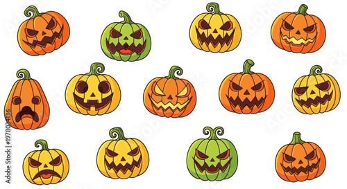 Collection of Spooky Halloween Jack-o-Lanterns with Funny and Scary Faces