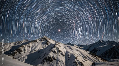 Star trails over snow-capped mountains at night, night sky, astronomy, astrophotography