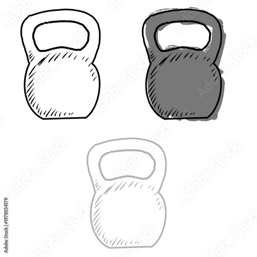 Set editable sketch drawing kettlebell gym vector for fitness blogs. Ideal for symbolizing rough workout concepts, sketchy heavy lifting, and physical power.