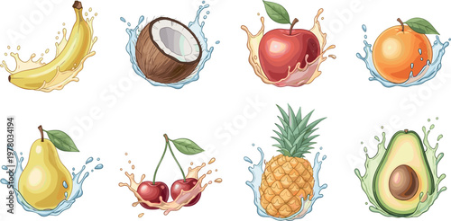 Fresh fruit splash vector illustration set featuring banana coconut apple peach pear cherries pineapple and avocado with juicy liquid effects