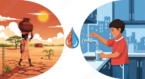 Global Water Crisis Awareness Concept with Drought and Clean Access
