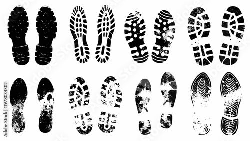 Collection of black shoe prints and footprints on a white background