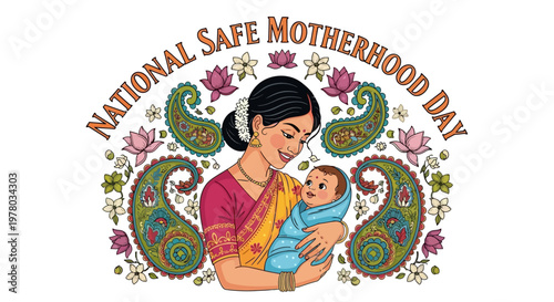 Vector illustration commemorating National Safe Motherhood Day, showcasing a mother tenderly holding her baby amidst decorative paisley designs and floral elements, conveying a message