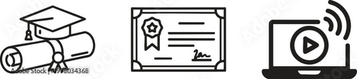 Education icons, graduation cap, diploma, online learning, video tutorial