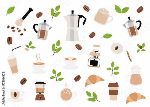 Coffee elements including beans brewing tools and various coffee drinks