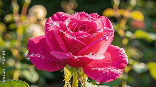 Close-up of a red rosebud covered in dew drops, garden background, soft bokeh
