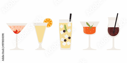 A colorful collection of five different cocktail glasses with garnishes