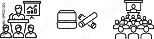 Education icons, business training illustrations, presentation and audience vector graphics, 3 educational symbols