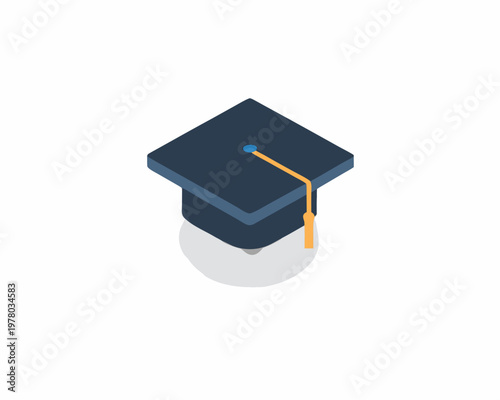 A simple isometric illustration of a graduation cap with a tassel