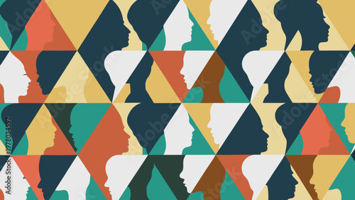 Foto Geometric pattern featuring multiple silhouetted profiles in vibrant colors