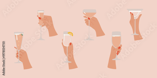 Hands holding champagne flutes in a celebratory and stylish illustration