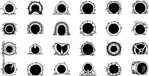 Hand-Drawn Grunge Portals, Tunnels  Voids. Abstract Black  White Textured Circular Openings. Doodle Frame Icons Set for Game Art, Websites  Designs.