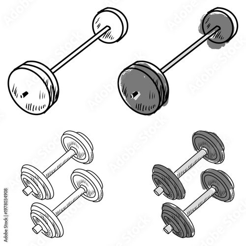 Set editable sketch drawing barbell and dumbbell vector for health blogs. Ideal for symbolizing hand drawn muscle training, sketchy gym fitness, and power.