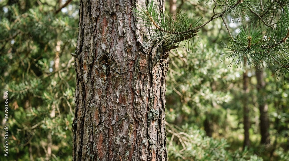 Fototapeta premium Close-up of a pine tree trunk with textured bark and green needles in a forest.