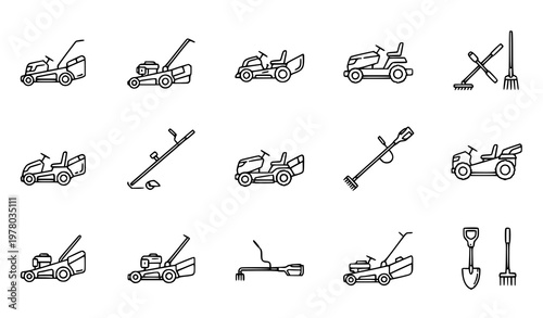 Lawn mower and garden equipment icons – line art vector set