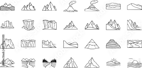 Nature landscape and geographical features outline icons set. Vector line art collection of mountains, volcanoes, cliffs, glaciers, rivers, seas, and desert dunes.