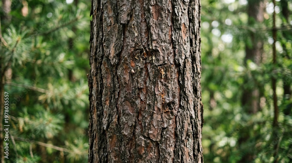 Fototapeta premium Close-up of rough pine tree bark texture in a forest with green foliage background