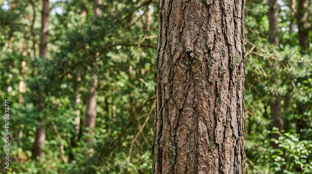 Fototapeta premium Close-up of a pine tree trunk with textured bark, blurred forest background