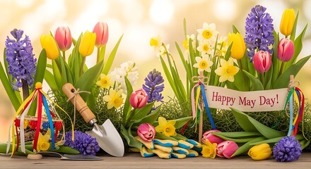 Bright spring flower bouquet with Happy May Day sign and colorful eggs on wooden table