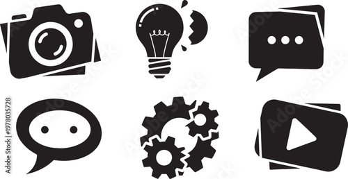 Set of 6 black icons: camera light bulb speech bubbles gears with dialogue mechanical illustration isolated collection communication technology business creativity photography settings