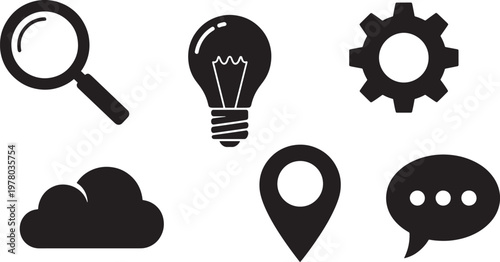 Arrangement of 6 black icons: magnifying glass light bulb gear cloud speech bubble with magnifying location illustration isolated collection communication technology business creativity