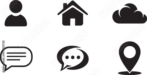 Group of 6 black silhouette icons: person house cloud speech bubbles location pin with building dialogue location illustration isolated collection communication business minimalist pictogram
