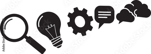 Linear arrangement of 5 black icons: magnifying glass light bulb gear speech bubbles with magnifying illustration isolated collection communication technology business creativity settings