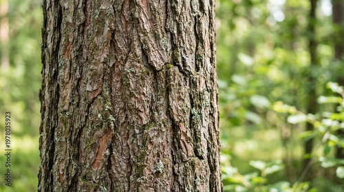 Close-up of rough, textured pine tree bark with green moss in a forest setting.