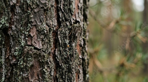 Close-up of rough pine tree bark with moss and lichen, forest background