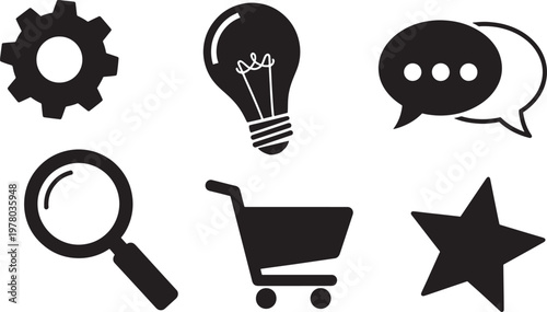 Collection of business and technology icons including gear lightbulb chat magnifying glass shopping cart star with e commerce business technology lightbulb magnifying shopping communication