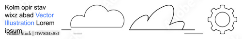 Technology, innovation, workflow, process, efficiency, minimalism. Line art of two clouds and a gear symbol. Technology and innovation concepts illustrated through symbolic elements