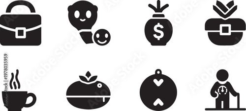 Assortment of business and lifestyle icons featuring briefcase smiley face money bag gift box coffee cup person with cane business lifestyle briefcase shopping assistance celebration mobility