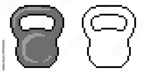 Set editable pixel kettlebell gym vector for retro fitness games. Ideal for symbolizing 8-bit digital muscles, arcade style workouts, and nostalgic health.