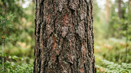 Close-up of rough pine tree bark texture in a green forest, natural background