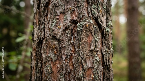 Close-up of rough, textured tree bark with moss and lichen in a forest setting