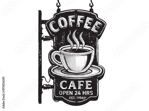 Coffee cafe sign with steaming cup of coffee and text open 24 hrs est 1954 vintage style transparent vector.