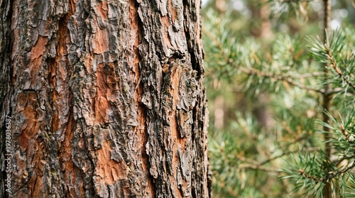 Close-up of rough pine tree bark texture with green pine needles in the background