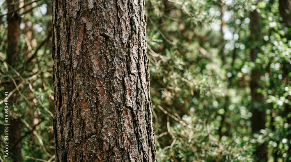 Fototapeta premium Close-up of a rough pine tree trunk in a sunlit forest with green foliage in the background