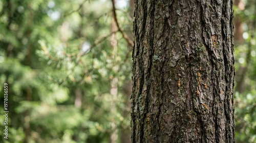 Close-up of pine tree bark in a lush green forest, natural texture background