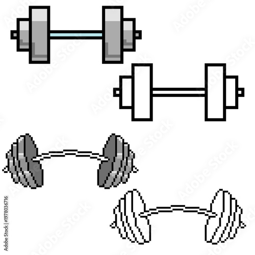 Set editable pixel barbell and dumbbell vector for retro sport games. Ideal for symbolizing 8-bit digital training, arcade style heavy lifting, and power.