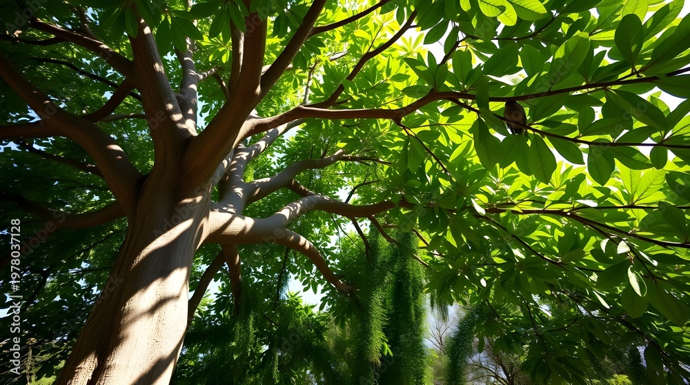 Obraz premium Dynamic Wide Angle View of a Massive Tree Trunk Extending into a Lush Green Leafy Canopy