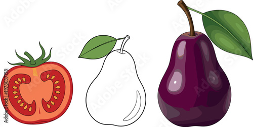 Fruit illustration set with tomato slice pear outline and whole plum with leaf colorful vector isolated on white background